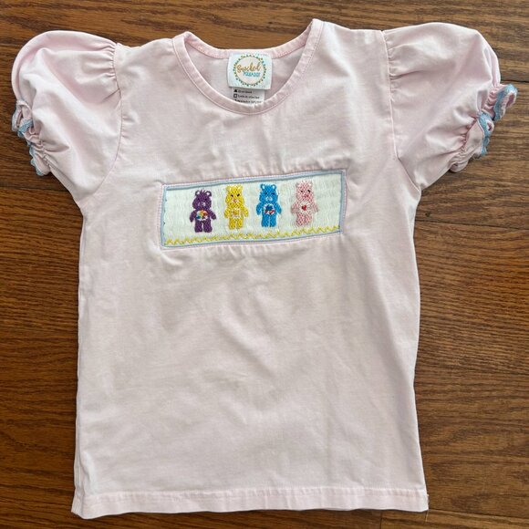 Boutique Care Bears Smocked  Puff Sleeve Girls Pink Tee T-Shirt Size 4 - Picture 11 of 11